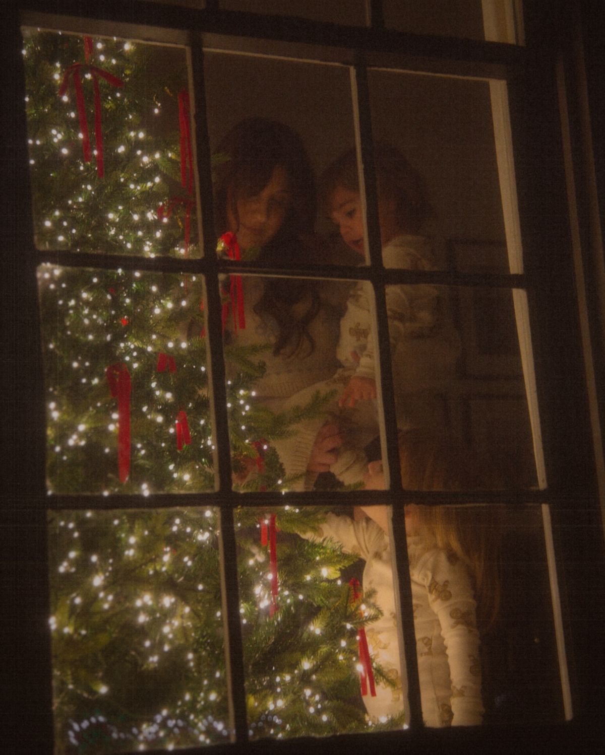 Família decorando a árvore de Natal